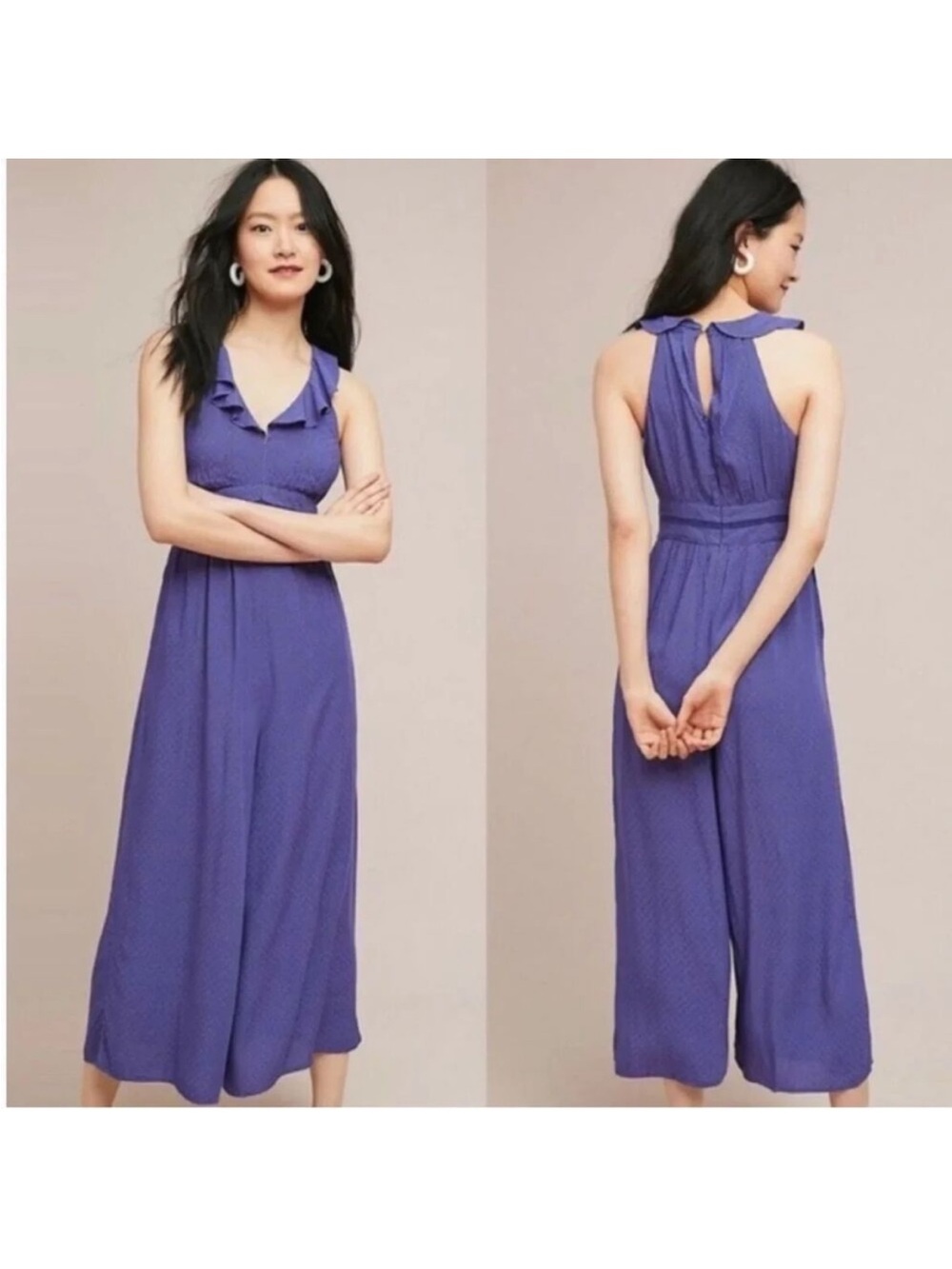 Anthropologie Maeve Sleeveless Blue Ruffle-Trim Jumpsuit
